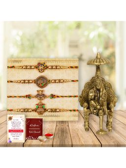 eCraftIndia - Pack Of 4 Shrinathji, Peacock, Ganesha, Kalash Rakhis, Sai Baba Statue