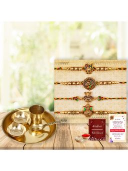eCraftIndia - Pack Of 4 Shrinathji, Peacock, Ganesha, Kalash Designer Rakhi, Pooja Thali