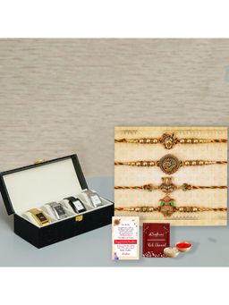 eCraftIndia - Pack Of 4 Shrinathji, Peacock, Ganesha, Kalash Rakhis, Watch Organizer Box