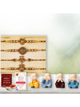 eCraftIndia - Pack Of 4 Shrinathji, Peacock, Ganesha, Kalash Rakhis, Monk Buddha Statues