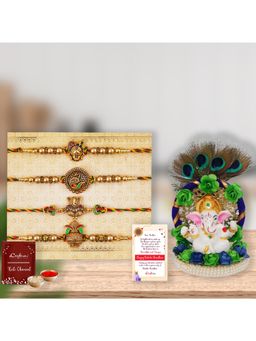 eCraftIndia - Pack Of 4 Shrinathji Peacock Ganesha Kalash Designer Rakhis, Ganesha Idol
