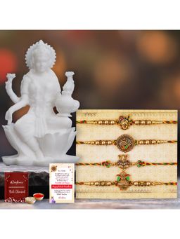 eCraftIndia - Pack Of 4 Shrinathji, Peacock, Ganesha, Kalash Rakhis, Lakshmi Statue