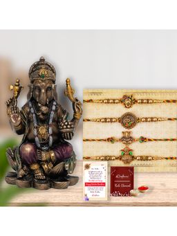 eCraftIndia - Pack Of 4 Shrinathji, Peacock, Ganesha, Kalash Rakhis, Lord Shiva Statue