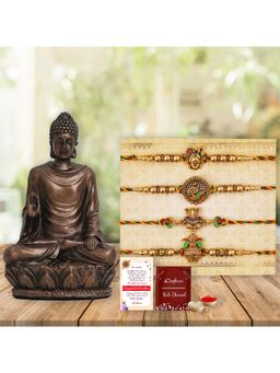 eCraftIndia - Pack Of 4 Shrinathji, Peacock, Ganesha, Kalash Rakhis, Lord Buddha Idol