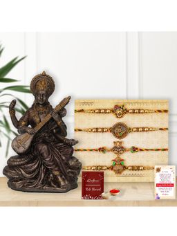 eCraftIndia - Pack Of 4 Shrinathji, Peacock, Ganesha, Kalash Rakhis, Saraswati Idol