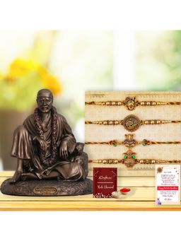 eCraftIndia - Pack Of 4 Shrinathji, Peacock, Ganesha, Kalash Rakhis, Sai Baba Statue
