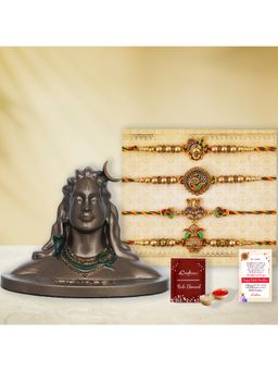 eCraftIndia - Pack Of 4 Shrinathji, Peacock, Ganesha, Kalash Rakhis, Adiyogi Shiva Idol