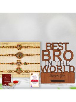 eCraftIndia - Pack Of 4 Shrinathji, Peacock, Ganesha, Kalash Rakhis, Wooden Showpiece