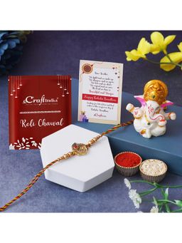 eCraftIndia - Golden Peacock Colorful Feathers Designer Rakhi, Lord Ganesha Idol