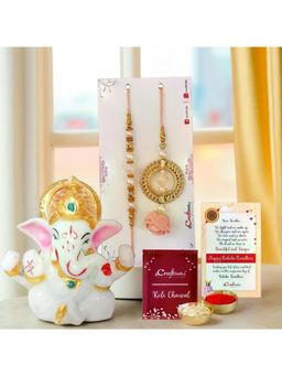 eCraftIndia - Designer Bhaiya Bhabhi Rakhi Pack, Lord Ganesha Idol, Roli Chawal, Card