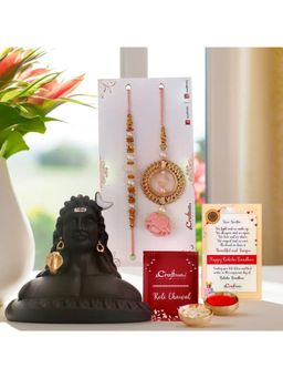 eCraftIndia - Floral Designer Bhaiya Bhabhi Rakhi Pack, Adiyogi Shiva Statue Roli Chawal