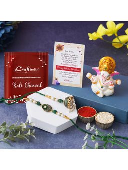 eCraftIndia - Green, White, & Golden Meenakari Bhaiya Bhabhi Rakhis, Lord Ganesha Idol
