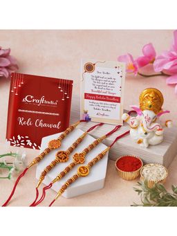 eCraftIndia - Pack Of 4 Religious Ganesha, Om, Swastika, Rudraksha Rakhis, Ganesha Idol