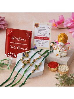 eCraftIndia - Pack Of 4 Radhakrishna Flute Peacock Feather Designer Rakhis, Ganesha Idol
