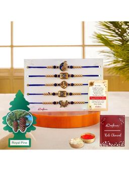 eCraftIndia - Pack Of 5 Ganesha Peacock Flute Floral Rakhis for Brothers, Air Freshener