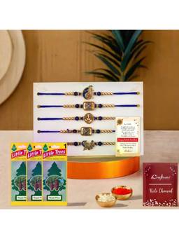 eCraftIndia - Pack Of 5 Ganesha Peacock Flute Floral Rakhis for Brothers 3 Air Freshener