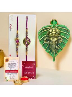 eCraftIndia - Pack Of 2 Floral Pearl Designer Rakhis for Brothers, Ganesha Wall Hanging