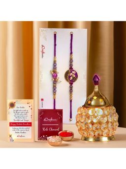 eCraftIndia - Pack Of 2 Purple Floral & Pearl Designer Rakhis for Brothers, Crystal Diya