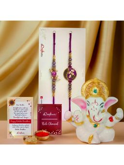 eCraftIndia - Pack Of 2 Floral Pearl Designer Rakhis, Ganesha Idol, Roli Chawal, Card