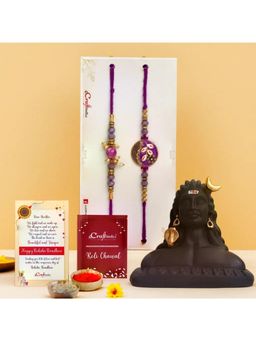 eCraftIndia - Pack Of 2 Floral Pearl Designer Rakhis for Brothers, Adiyogi Shiva Statue