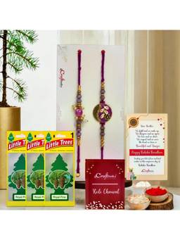 eCraftIndia - Pack Of 5 Floral Pearl Designer Rakhis for Brothers, 3 Air Freshener