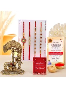 eCraftIndia - Pack Of 4 Designer Pearl Rakhis, Lord Krishna Idol, Roli Chawal, Card