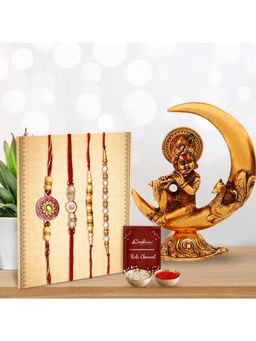eCraftIndia - Pack Of 4 Designer Pearl Rakhis, Lord Krishna Idol, Roli Chawal, Card