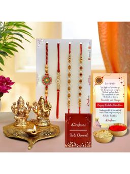 eCraftIndia - Pack Of 4 Designer Rakhis, Lakshmi Ganesha Idols Diya, Roli Chawal & Card
