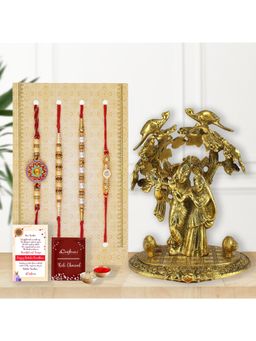 eCraftIndia - Pack Of 4 Floral, Pearls, Diamonds, Designer Rakhis, Radha Krishna Statue
