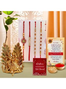 eCraftIndia - Pack Of 4 Pearl Designer Rakhis, Golden Radha Krishna Idol with Diya
