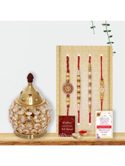 eCraftIndia - Pack Of 4 Floral, Pearls, Diamonds, Designer Rakhis, Crystal Brass Diya