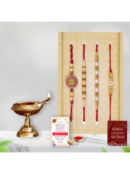 eCraftIndia - Pack Of 4 Designer Floral, Pearls, Diamonds, Designer Rakhis, Brass Diya