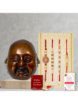 eCraftIndia - Pack Of 4 Floral Pearls Diamonds Designer Rakhis, Laughing Buddha Statue