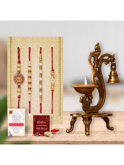 eCraftIndia - Pack Of 4 Floral, Pearls, Diamonds, Designer Rakhis, Decorative Brass Diya