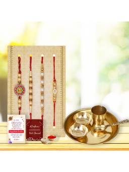 eCraftIndia - Pack Of 4 Designer Floral, Pearls, Diamonds, Designer Rakhis, Pooja Thali