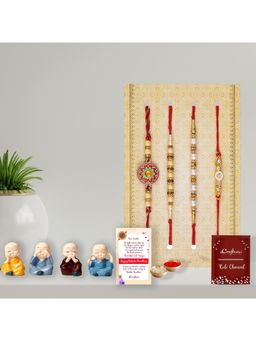 eCraftIndia - Pack Of 4 Floral, Pearls, Diamonds, Designer Rakhis, Monk Buddha Statues