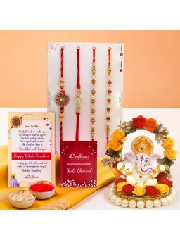 eCraftIndia - Pack Of 4 Designer Rakhis, Lord Ganesha Idol On Decorative Plate