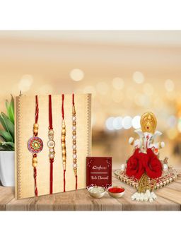 eCraftIndia - Pack Of 4 Pearls Designer Rakhis, Lord Ganesha Idol On Decorative Plate
