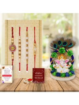 eCraftIndia - Pack Of 4 Floral, Pearls, Diamonds, Designer Rakhis, Ganesha Idol