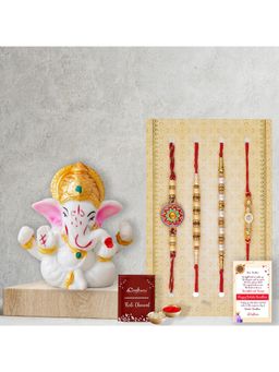eCraftIndia - Pack Of 4 Pearl Designer Rakhis, Lord Ganesha Idol with Golden Mukut