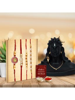 eCraftIndia - Pack Of 4 Pearl Designer Rakhis, Black Adiyogi Lord Shiva Statue