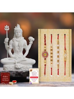 eCraftIndia - Pack Of 4 Designer Pearls Rakhis, Man Face Showpiece, Roli Chawal, Card