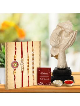 eCraftIndia - Pack Of 4 Designer Pearls Rakhis, Man Face Showpiece, Roli Chawal, Card
