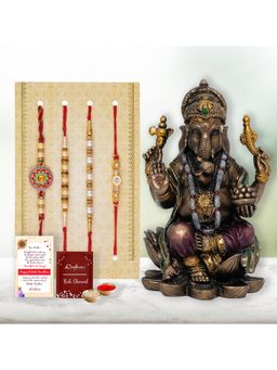 eCraftIndia - Pack Of 4 Floral, Pearls, Diamonds, Designer Rakhis, Lord Ganesha Idol
