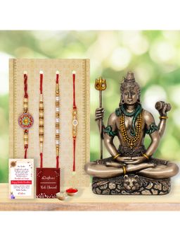 eCraftIndia - Pack Of 4 Floral, Pearls, Diamonds, Designer Rakhis, Lord Shiva Statue