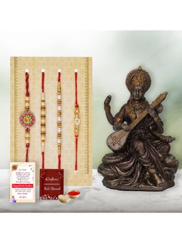 eCraftIndia - Pack Of 4 Floral, Pearls, Diamonds, Designer Rakhis, Saraswati Idol