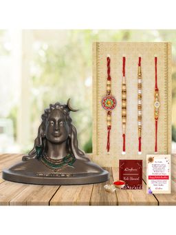 eCraftIndia - Pack Of 4 Floral, Pearls, Diamonds, Designer Rakhis, Adiyogi Shiva Statue