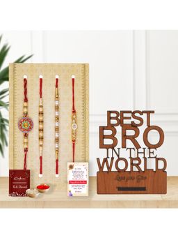 eCraftIndia - Pack Of 4 Designer Floral, Pearls, Diamonds Rakhis, Wooden Showpiece