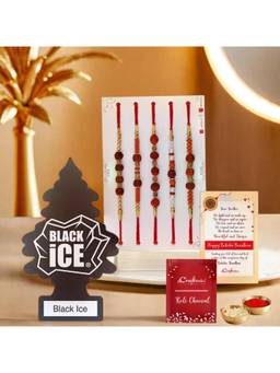 eCraftIndia - Pack Of 5 Beads Pearl Rudraksha Rakhi for Brothers Black Ice Air Freshener