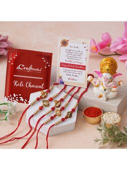 eCraftIndia - Pack Of 5 Red & Golden Om Symbol and Lord Ganesha Rakhi, Lord Ganesha Idol